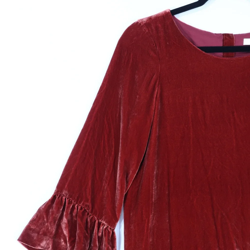 Madewell Velvet Drop Waist Dress Women XS Rust Silk Blend Ruffle Bell Sleeve